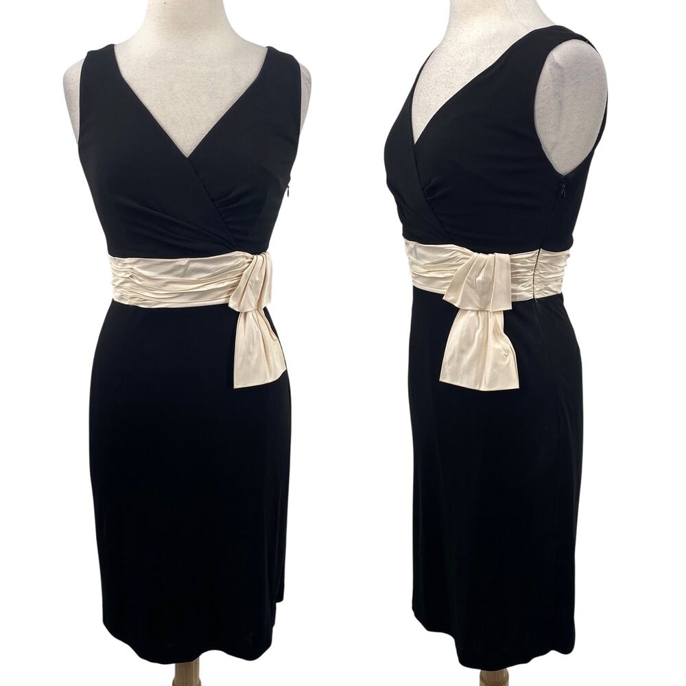 Kay Unger Sheath Dress Silk Satin Pleated Belt Sleeveless Black Ivory Womens 8